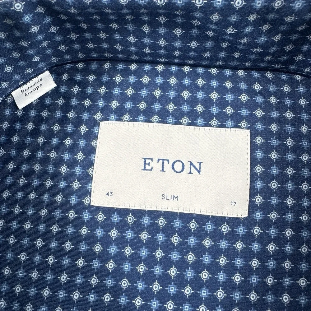 ETON Blue Gray Geometric Current Cotton Stretch L/S Slim Button‎ Front 17/43 NWT